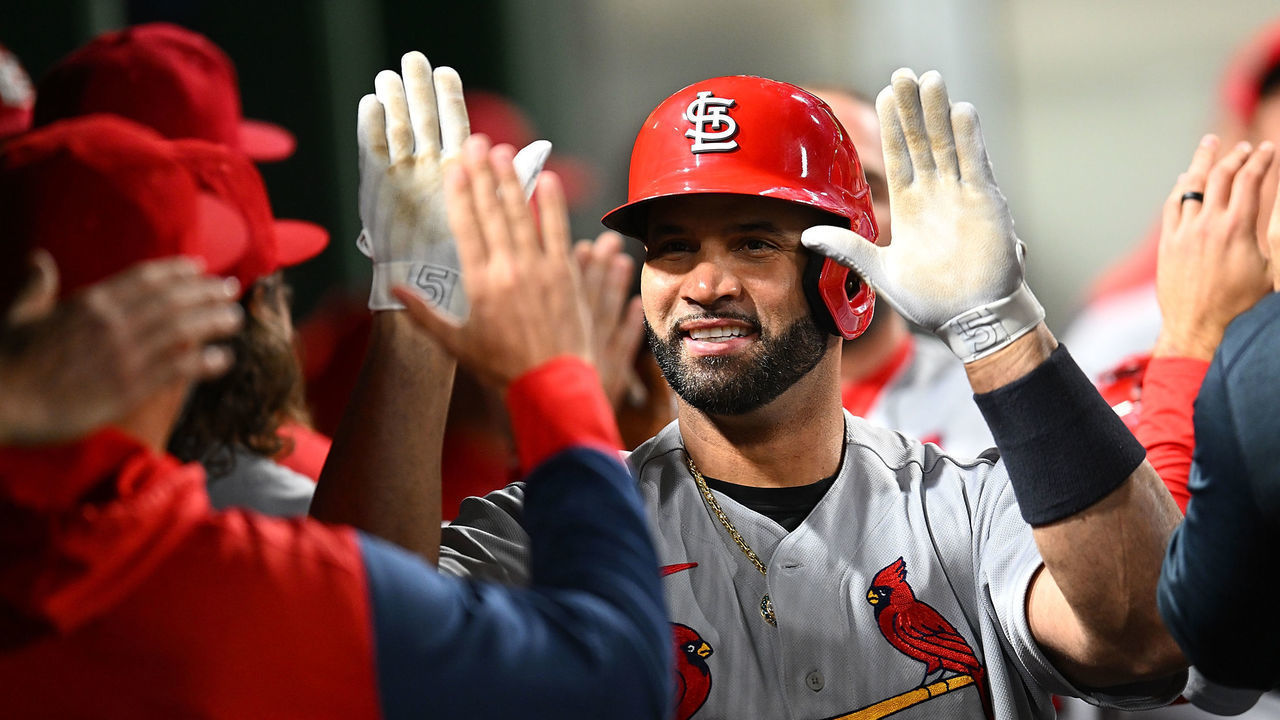 PITTSBURGH, PA - OCTOBER 03: Albert Pujols #5 of the St. Louis Cardinals celebrates his two-run home run during the sixth inning against the Pittsburgh Pirates at PNC Park on October 3, 2022 in Pittsburgh, Pennsylvania.