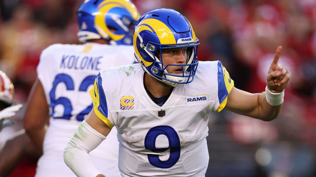 SANTA CLARA, CALIFORNIA - OCTOBER 03: Quarterback Matthew Stafford #9 of the Los Angeles Rams looks to pass against the San Francisco 49ers during the second quarter at Levi's Stadium on October 03, 2022 in Santa Clara, California.
