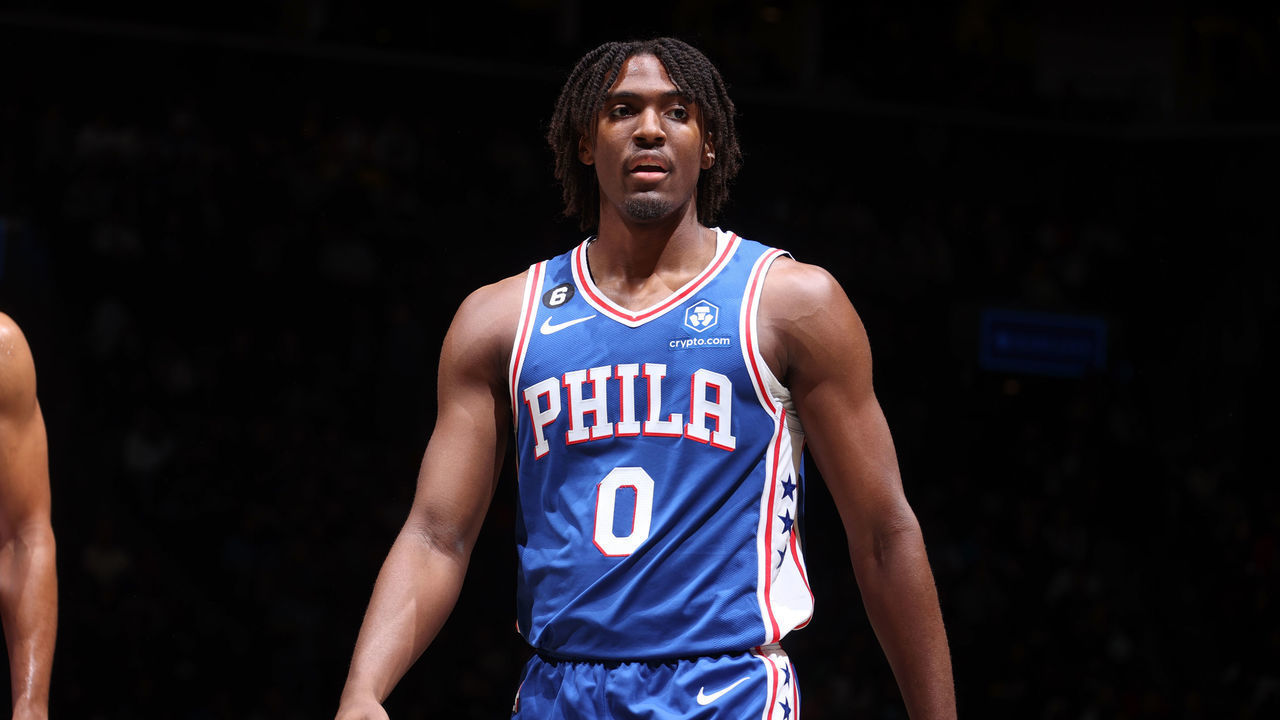 BROOKLYN, NY - OCTOBER 3: Tyrese Maxey #0 of the Philadelphia 76ers looks on during a preseason game against the Brooklyn Nets on October 3, 2022 at Barclays Center in Brooklyn, New York. Mandatory Copyright Notice: Copyright 2022 NBAE