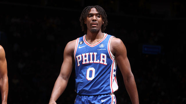 BROOKLYN, NY - OCTOBER 3: Tyrese Maxey #0 of the Philadelphia 76ers looks on during a preseason game against the Brooklyn Nets on October 3, 2022 at Barclays Center in Brooklyn, New York. Mandatory Copyright Notice: Copyright 2022 NBAE