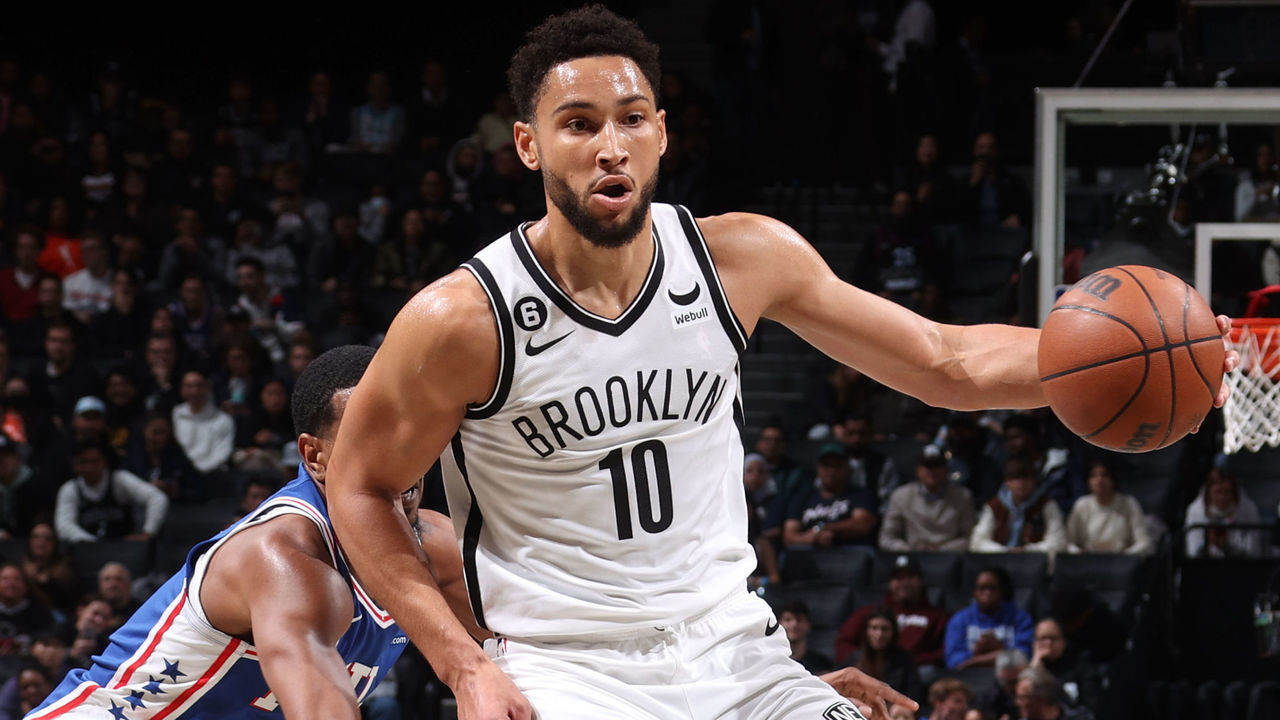 BROOKLYN, NY - OCTOBER 3: Ben Simmons #10 of the Brooklyn Nets dribbles the ball against the Philadelphia 76ers during a preseason game on October 3, 2022 at Barclays Center in Brooklyn, New York. Mandatory Copyright Notice: Copyright 2022 NBAE