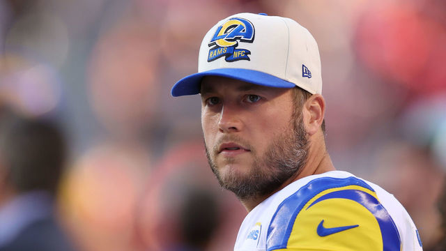 SANTA CLARA, CALIFORNIA - OCTOBER 03: Quarterback Matthew Stafford #9 of the Los Angeles Rams looks on from the sideline against the San Francisco 49ers during the second quarter at Levi's Stadium on October 03, 2022 in Santa Clara, California.