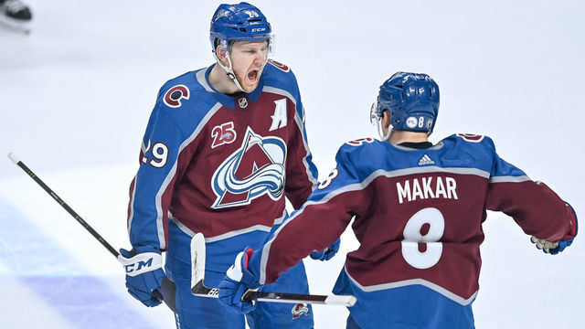 DENVER, CO - MAY 19: Colorado Avalanche center Nathan MacKinnon (29) celebrates with defenseman Cale Makar (8) after scoring a third period goal against the St. Louis Blues during a Stanley Cup Playoffs first round game between the St. Louis Blues and the Colorado Avalanche at Ball Arena in Denver, Colorado on May 19, 2021.