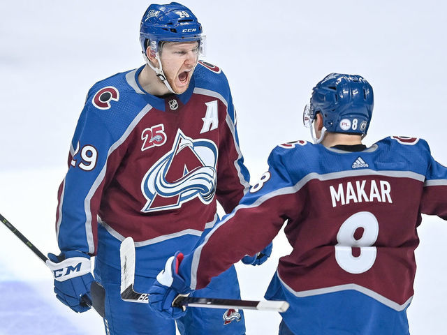 DENVER, CO - MAY 19: Colorado Avalanche center Nathan MacKinnon (29) celebrates with defenseman Cale Makar (8) after scoring a third period goal against the St. Louis Blues during a Stanley Cup Playoffs first round game between the St. Louis Blues and the Colorado Avalanche at Ball Arena in Denver, Colorado on May 19, 2021.