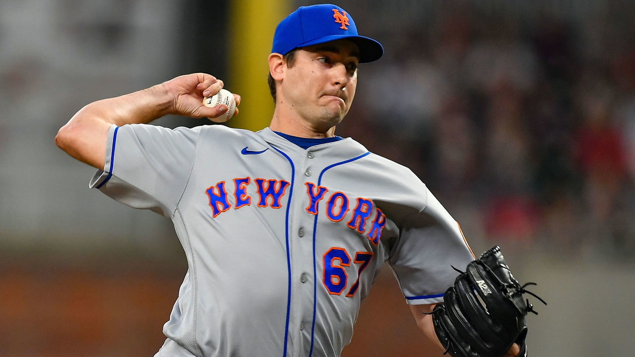 ATLANTA, GA August 18: New York relief pitcher Seth Lugo (67) throws a pitch during the MLB game between the New York Mets and the Atlanta Braves on August 18th, 2022 at Truist Park in Atlanta, GA.