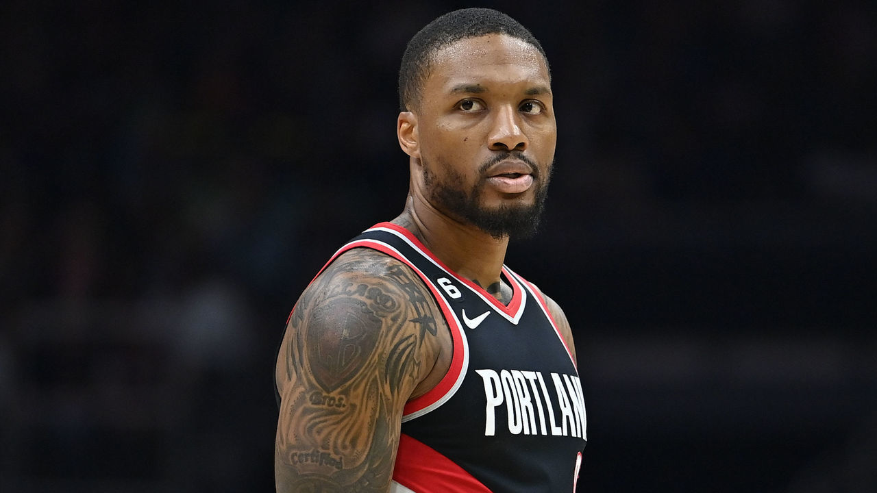 SEATTLE, WASHINGTON - OCTOBER 03: Damian Lillard #0 of the Portland Trail Blazers looks on during the first half of a preseason game against the Los Angeles Clippers at Climate Pledge Arena on October 03, 2022 in Seattle, Washington. The Los Angeles Clippers won 102-97.