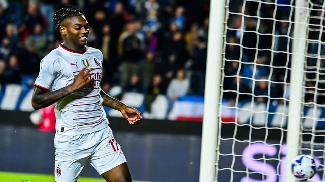 AC Milan's Portuguese forward Rafael Leao scores the 3-1 gol during the Italian Serie A football math between Empoli and AC Milan on October 1, 2022 at the Carlo-Castellani stadium in Empoli.