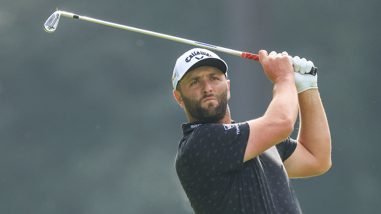 VIRGINIA WATER, ENGLAND - SEPTEMBER 10: Jon Rahm of Spain plays his second shot on the sith hole during the second round on Day Three of the BMW PGA Championship at Wentworth Golf Club on September 10, 2022 in Virginia Water, England.