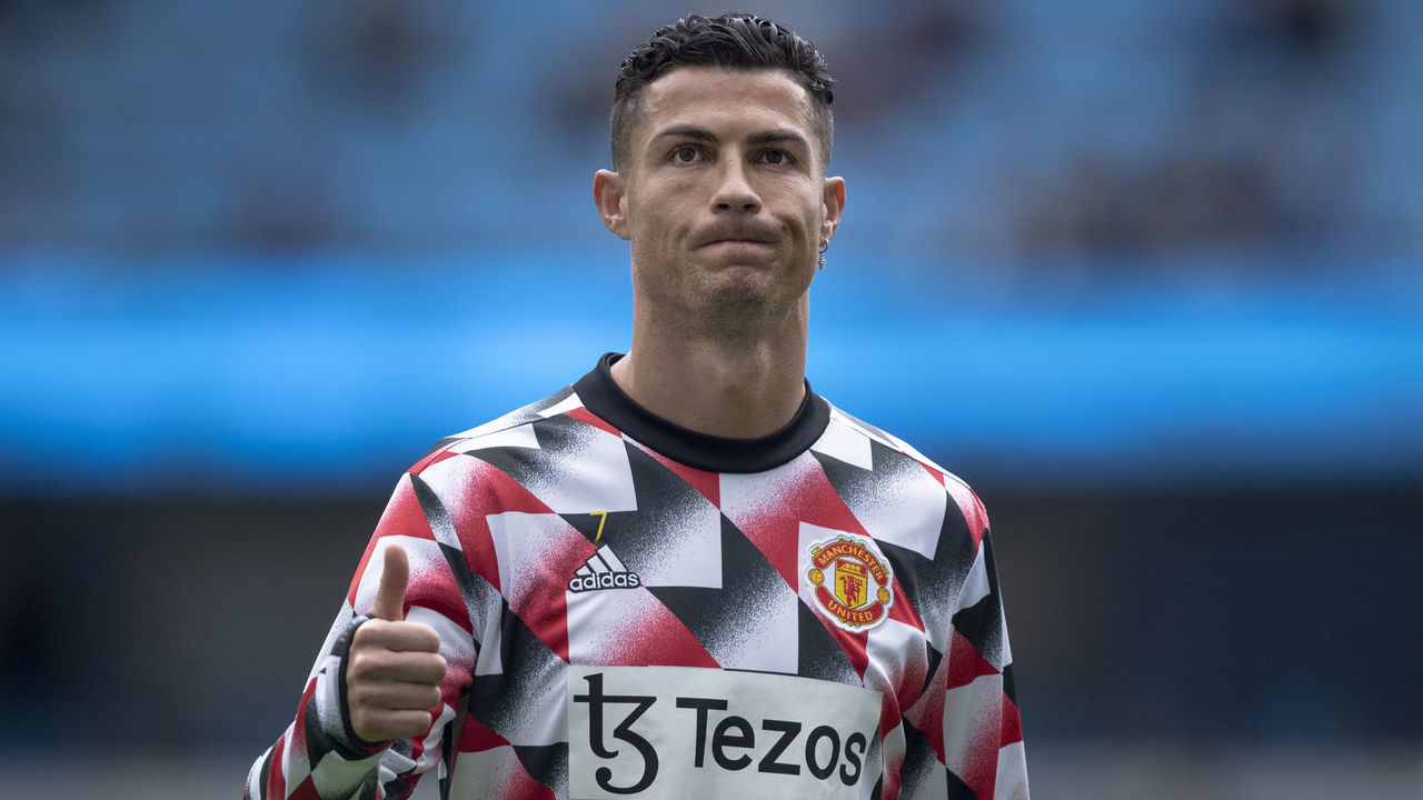 MANCHESTER, ENGLAND - OCTOBER 02: Cristiano Ronaldo of Manchester United warms up before the Premier League match between Manchester City and Manchester United at Etihad Stadium on October 2, 2022 in Manchester, United Kingdom.