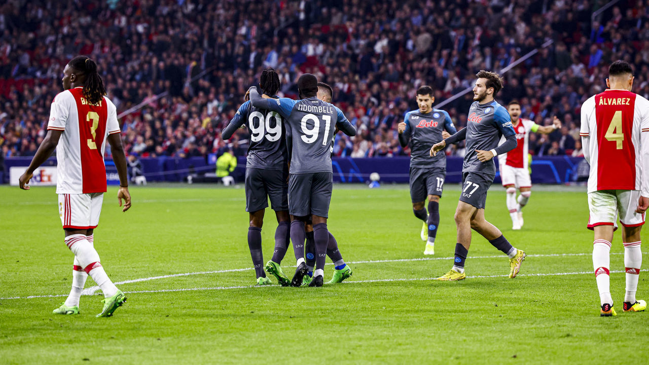 AMSTERDAM, NETHERLANDS - OCTOBER 04: Giacomo Raspadori of SSC Napoli celebrates after scoring his team's fourth goal during the UEFA Champions League group A match between AFC Ajax and SSC Napoli at Johan Cruyff Arena on October 4, 2022 in Amsterdam, Netherlands.