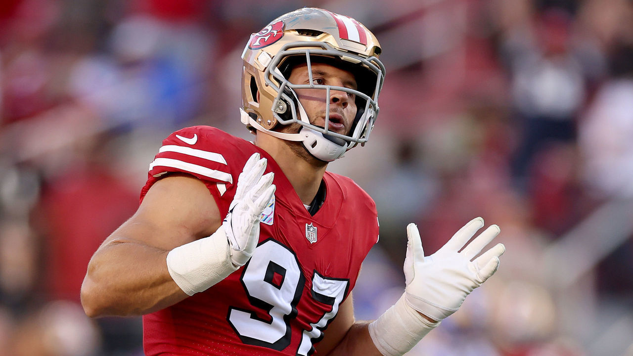SANTA CLARA, CALIFORNIA - OCTOBER 03: Defensive end Nick Bosa #97 of the San Francisco 49ers celebrates his sack on quarterback Matthew Stafford #9 of the Los Angeles Rams (not pictured) during the first quarter at Levi's Stadium on October 03, 2022 in Santa Clara, California.