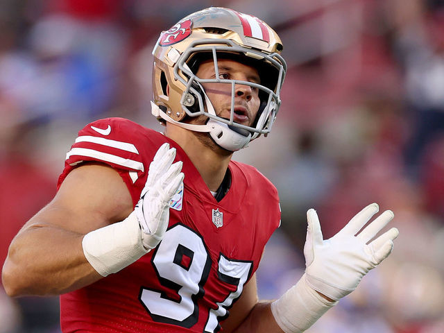 SANTA CLARA, CALIFORNIA - OCTOBER 03: Defensive end Nick Bosa #97 of the San Francisco 49ers celebrates his sack on quarterback Matthew Stafford #9 of the Los Angeles Rams (not pictured) during the first quarter at Levi's Stadium on October 03, 2022 in Santa Clara, California.