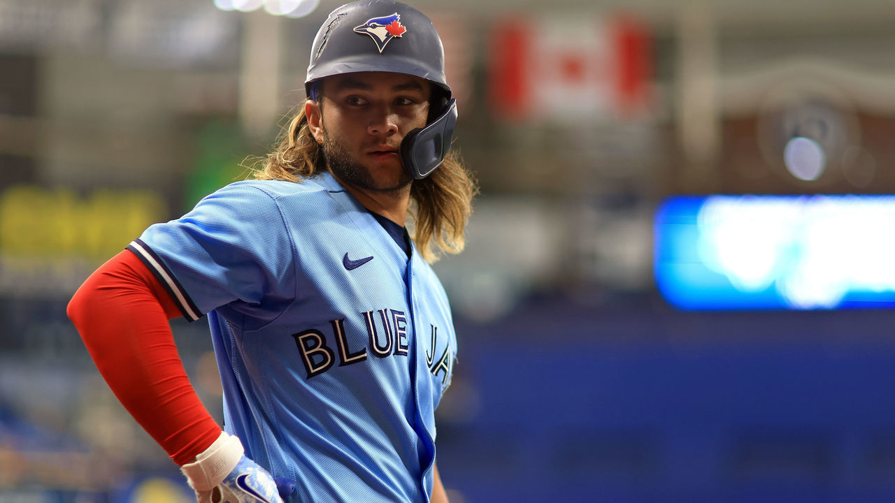 ST PETERSBURG, FLORIDA - MAY 13:Bo Bichette #11 of the Toronto Blue Jays looks on during a game against the Tampa Bay Rays at Tropicana Field on May 13, 2022 in St Petersburg, Florida.