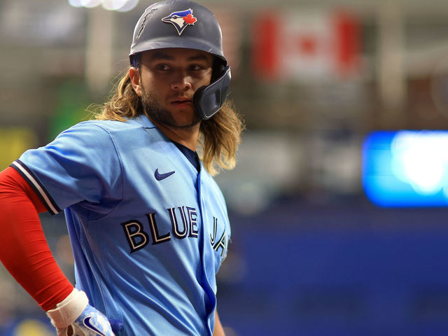 ST PETERSBURG, FLORIDA - MAY 13:Bo Bichette #11 of the Toronto Blue Jays looks on during a game against the Tampa Bay Rays at Tropicana Field on May 13, 2022 in St Petersburg, Florida.