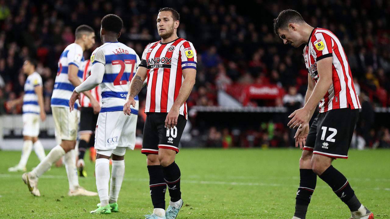 SHEFFIELD, ENGLAND - OCTOBER 04: Billy Sharp and John Egan of Sheffield United react during the Sky Bet Championship between Sheffield United and Queens Park Rangers at Bramall Lane on October 04, 2022 in Sheffield, England.