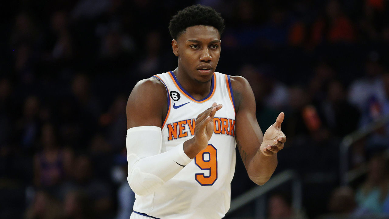 NEW YORK, NEW YORK - OCTOBER 04: RJ Barrett #9 of the New York Knicks reacts during the first half against the Detroit Pistons at Madison Square Garden on October 04, 2022 in New York City.