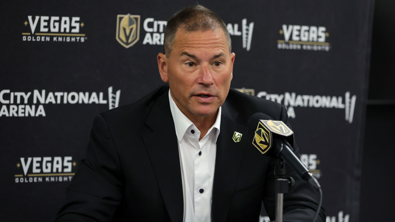 LAS VEGAS, NEVADA - JUNE 16: Bruce Cassidy speaks as he is introduced as the new head coach of the Vegas Golden Knights during a news conference at City National Arena on June 16, 2022 in Las Vegas, Nevada.