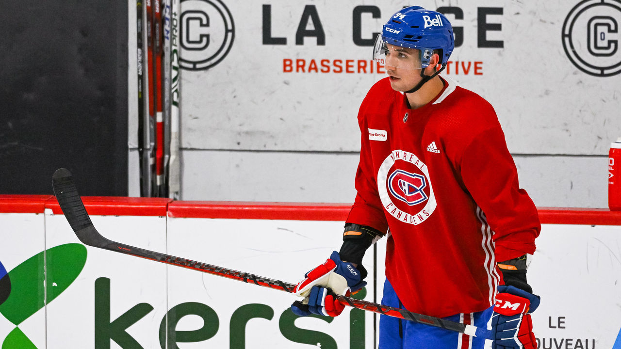BROSSARD, QC - JULY 12: Look on Montreal Canadiens defenceman prospect Logan Mailloux (94) during the Montreal Canadiens Development Camp on July 12, 2022, at Bell Sports Complex in Brossard, QC