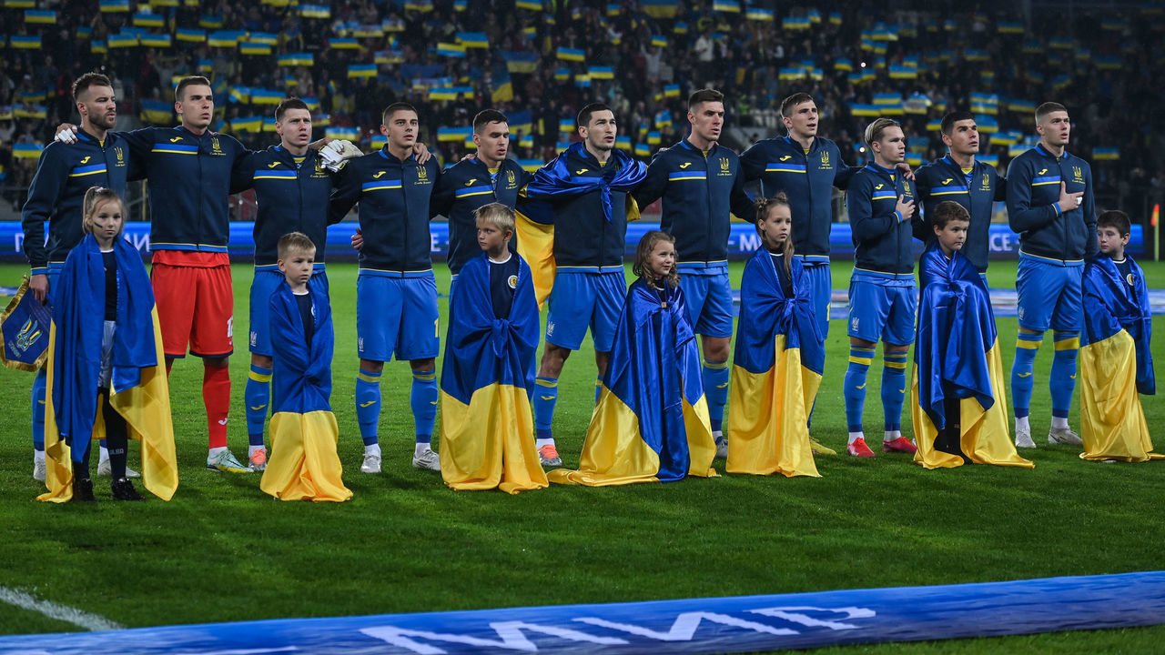 Team of Ukraine during the National Anthem ahead of the the UEFA Nations League 2022/23 match in Group B between Ukraine and Scotland at the Marshal Jozef Pilsudski in Krakow. On Tuesday, September 27, 2022, in Krakow, Lesser Poland Voivodeship, Poland.