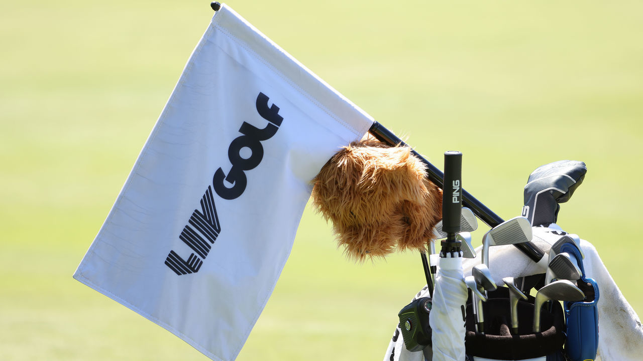 NORTH PLAINS, OREGON - JUNE 29: A detailed view of a flag with LIV Golf logo is seen during the pro-am prior to the LIV Golf Invitational - Portland at Pumpkin Ridge Golf Club on June 29, 2022 in North Plains, Oregon.