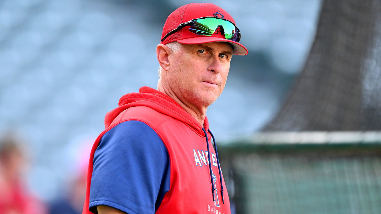 ANAHEIM, CA - SEPTEMBER 16: Interim manager Phil Nevin #88 of the Los Angeles Angels looks on during batting practice before the game against the Seattle Mariners at Angel Stadium of Anaheim on September 16, 2022 in Anaheim, California.
