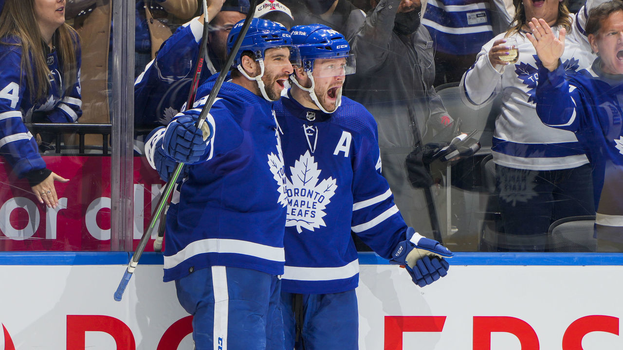 TORONTO, ON - MAY 10: Morgan Rielly #44 of the Toronto Maple Leafs celebrates his goal against the Tampa Bay Lightning with teammate John Tavares #91 during the third period in Game Five of the First Round of the 2022 Stanley Cup Playoffs at the Scotiabank Arena on May 10, 2022 in Toronto, Ontario, Canada.