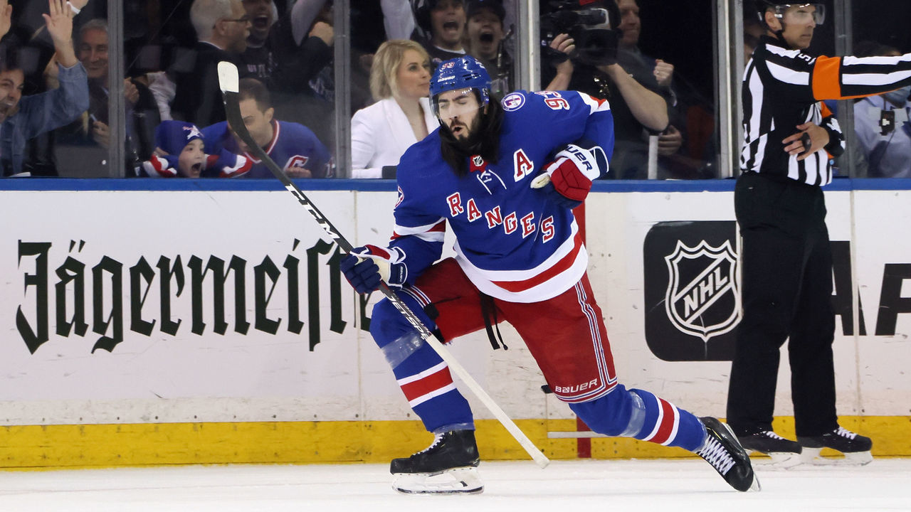 NEW YORK, NEW YORK - MAY 22: Mika Zibanejad #93 of the New York Rangers celebrates his first period goal against the Carolina Hurricanes in Game Three of the Second Round of the 2022 Stanley Cup Playoffs at Madison Square Garden on May 22, 2022 in New York City.