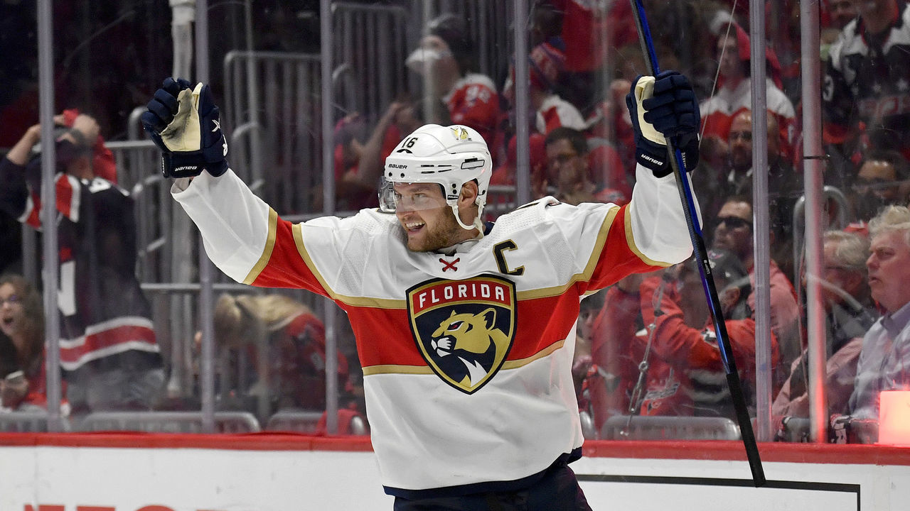 WASHINGTON, DC - MAY 13: Panthers center Aleksander Barkov (16) celebrates after scoring a third period goal during game 6 of the first round of the Stanley Cup Playoffs between the Florida Panthers and Washington Capitals National Hockey League game on May 13, 2022 at Capital One Arena in Washington, D.C..