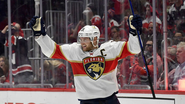WASHINGTON, DC - MAY 13: Panthers center Aleksander Barkov (16) celebrates after scoring a third period goal during game 6 of the first round of the Stanley Cup Playoffs between the Florida Panthers and Washington Capitals National Hockey League game on May 13, 2022 at Capital One Arena in Washington, D.C..