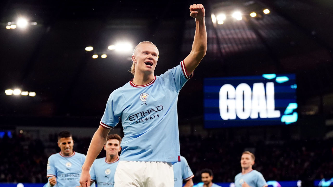 Manchester City's Erling Haaland celebrates scoring the opening goal during the UEFA Champions League Group G match at the Etihad Stadium, Manchester. Erling Haalands double against FC Copenhagen on Wednesday saw him match Lionel Messi for the longest scoring run under Pep Guardiolas management. Picture date: Wednesday October 5, 2022.