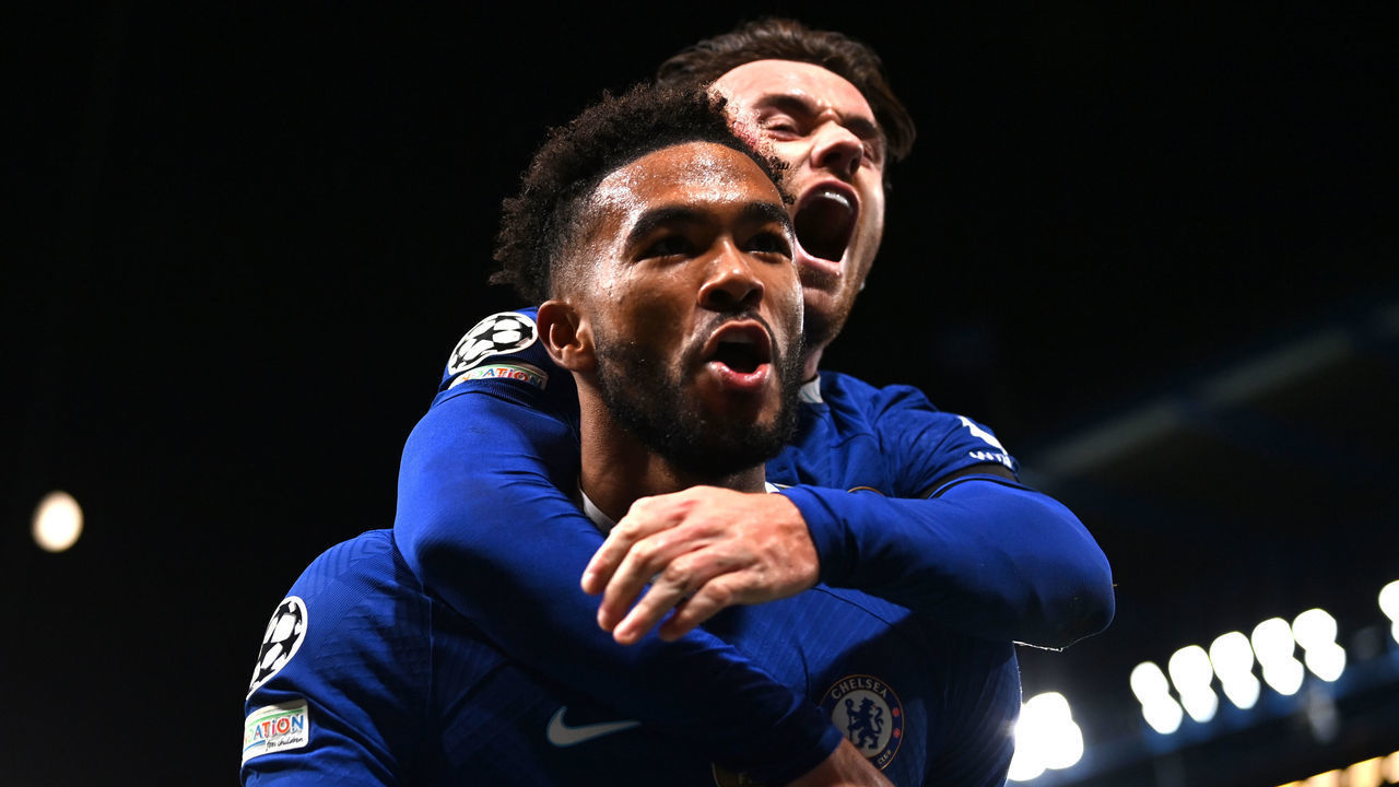 LONDON, ENGLAND - OCTOBER 05: Reece James of Chelsea celebrates after scoring their sides third goal during the UEFA Champions League group E match between Chelsea FC and AC Milan at Stamford Bridge on October 05, 2022 in London, England.
