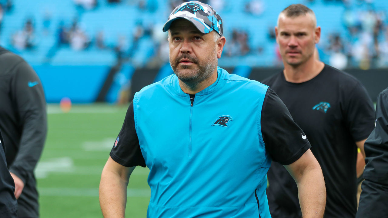 CHARLOTTE, NC - SEPTEMBER 25: Head Coach Matt Rhule of the Carolina Panthers walks off of the field after his first win of the season after a football game between the Carolina Panthers and the New Orleans Saints on Sep 25, 2022, at Bank of America Stadium in Charlotte, NC.