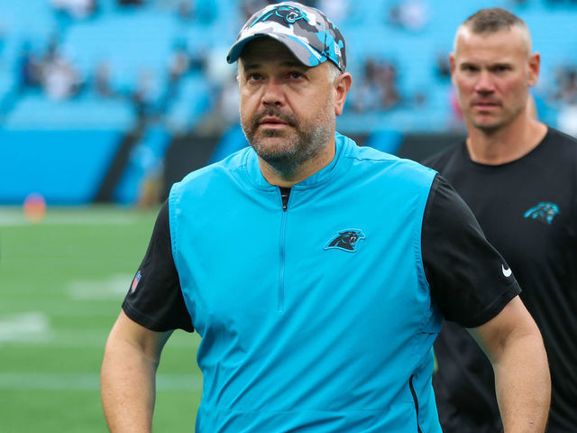 CHARLOTTE, NC - SEPTEMBER 25: Head Coach Matt Rhule of the Carolina Panthers walks off of the field after his first win of the season after a football game between the Carolina Panthers and the New Orleans Saints on Sep 25, 2022, at Bank of America Stadium in Charlotte, NC.
