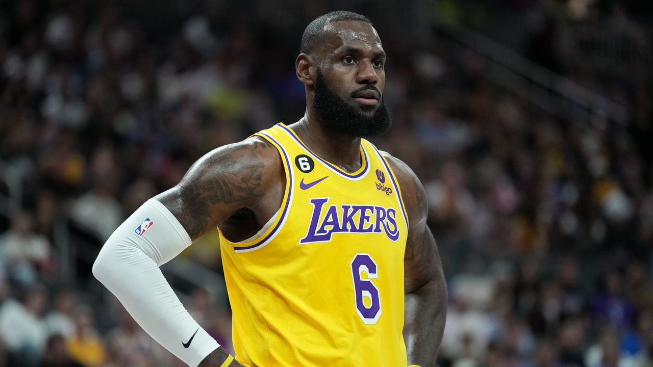 LAS VEGAS, NV - OCTOBER 5: LeBron James #6 of the Los Angeles Lakers looks on during a preseason game on October 5 2022 at T-Mobile Arena in Las Vegas, Nevada. Mandatory Copyright Notice: Copyright 2022 NBAE