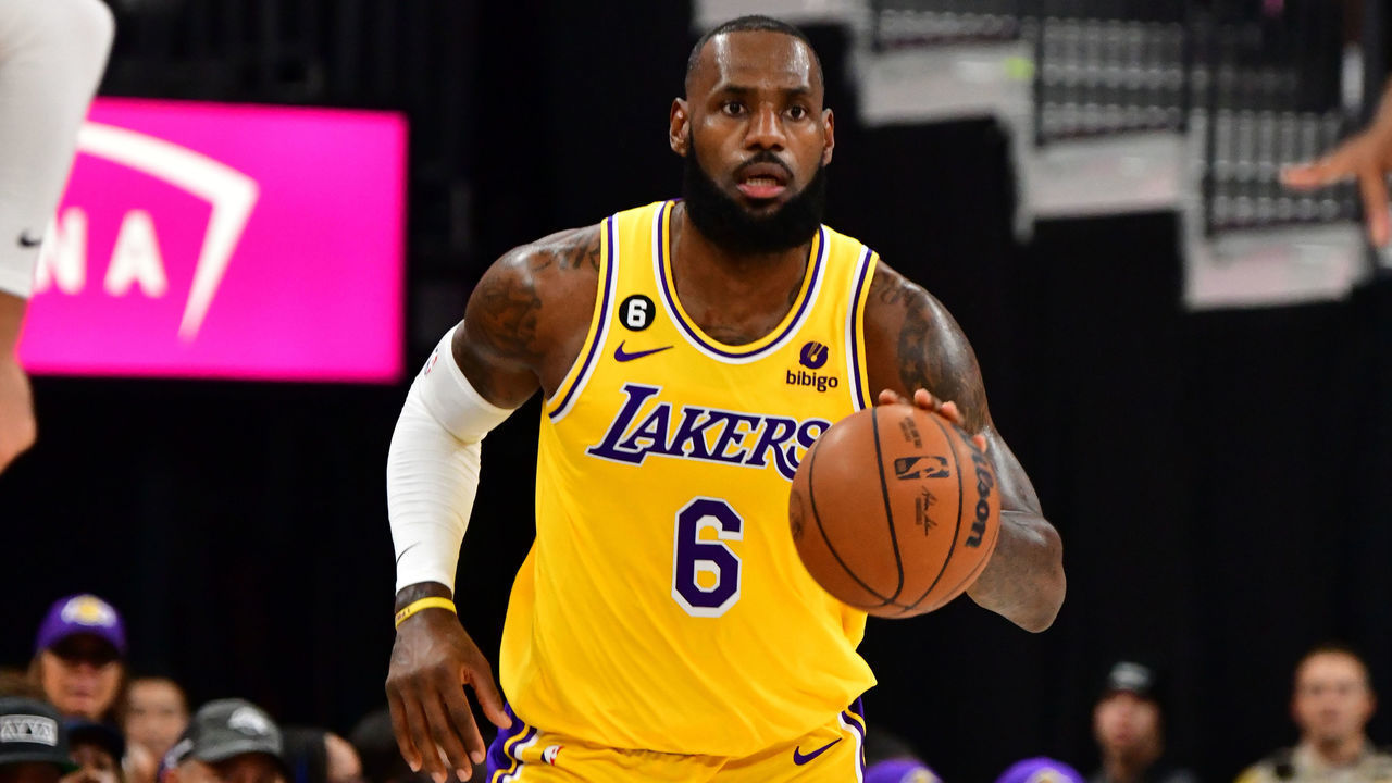 LAS VEGAS, NV - OCTOBER 5: LeBron James #6 of the Los Angeles Lakers dribbles the ball against the Phoenix Suns during a preseason game on October 5, 2022 at T-Mobile Arena, Las Vegas, NV. Mandatory Copyright Notice: Copyright 2022 NBAE