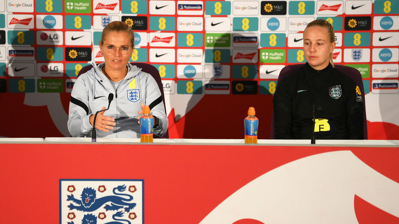 TEDDINGTON, ENGLAND - OCTOBER 06: Beth Mead and Sarina Wiegman, Head Coach of England look on as they are interviewed during an England Women Training Session & Press Conference at The Lensbury on October 06, 2022 in Teddington, England.