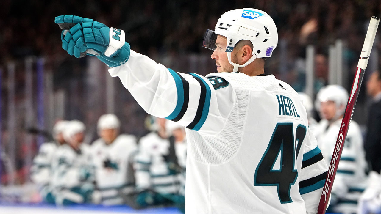 BERLIN, GERMANY - OCTOBER 04: Tomas Hertl #48 of the San Jose Sharks celebrates his second period goal against Eisbaren Berlin during the NHL Global Series Challenge Germany game at Mercedes-Benz Arena on October 04, 2022 in Berlin, Germany.