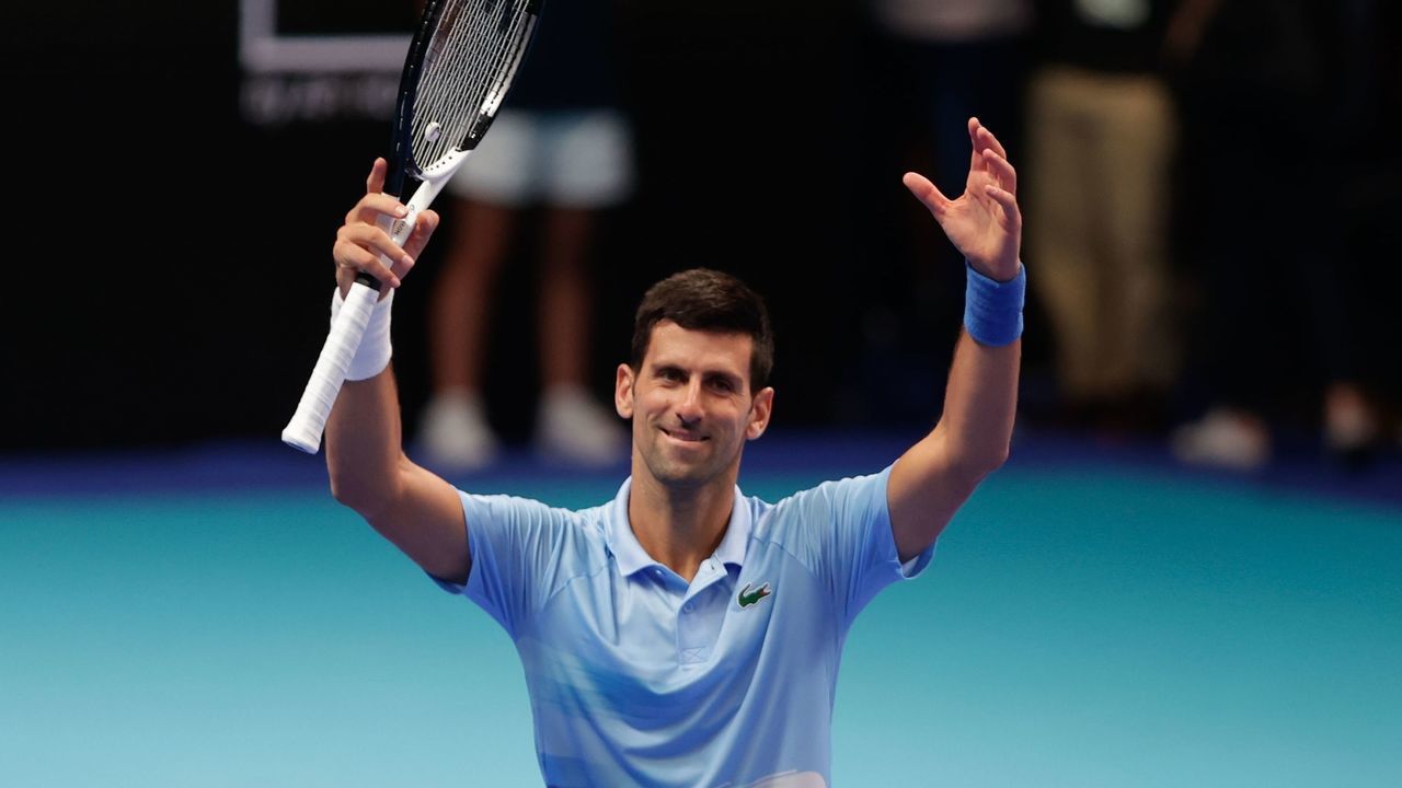 TEL AVIV, ISRAEL - OCTOBER 02: Serbia's Novak Djokovic celebrates victory after winning against Marin Cilic of Croatia in the final match of the Tel Aviv Watergen open tournament, in Tel Aviv, Israel, 02 October 2022.