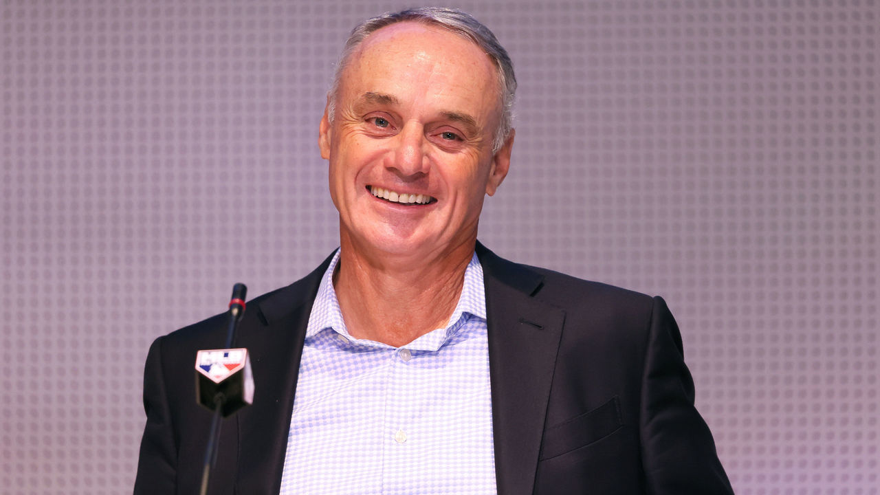 NEW YORK, NEW YORK - SEPTEMBER 09: Major League Baseball Commissioner Robert D. Manfred Jr. smiles during a press conference at MLB Headquarters on September 09, 2022 in New York City. Major League Baseball announced today a set of rule changes that will change the way the game is played. The changes will include a pitch clock and a ban on defensive shifts in 2023 that will speed up the game's pace and increase action. An expansion of the size of bases were also implemented.