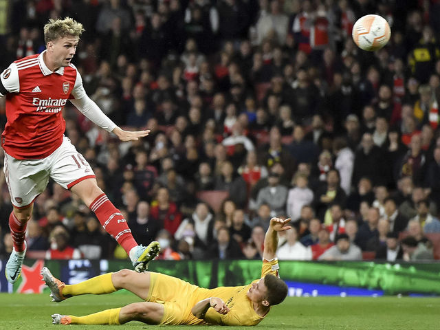 LONDON, ENGLAND - OCTOBER 06: Rob Holding of Arsenal scores his team's second goal during the UEFA Europa League group A match between Arsenal FC and FK Bodo/Glimt at Emirates Stadium on October 6, 2022 in London, United Kingdom.