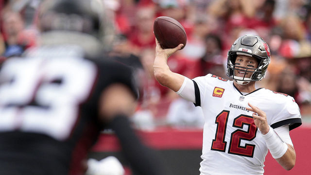 TAMPA, FLORIDA - SEPTEMBER 19: Quarterback Tom Brady #12 of the Tampa Bay Buccaneers makes a pass play in the second quarter of the game against the Atlanta Falcons at Raymond James Stadium on September 19, 2021 in Tampa, Florida.