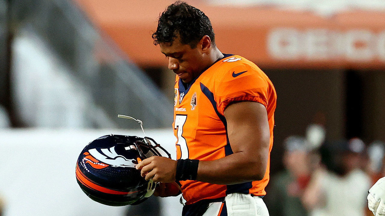 DENVER, COLORADO - OCTOBER 06: Russell Wilson #3 of the Denver Broncos walks off the field during a game against the Indianapolis Colts at Empower Field At Mile High on October 06, 2022 in Denver, Colorado.