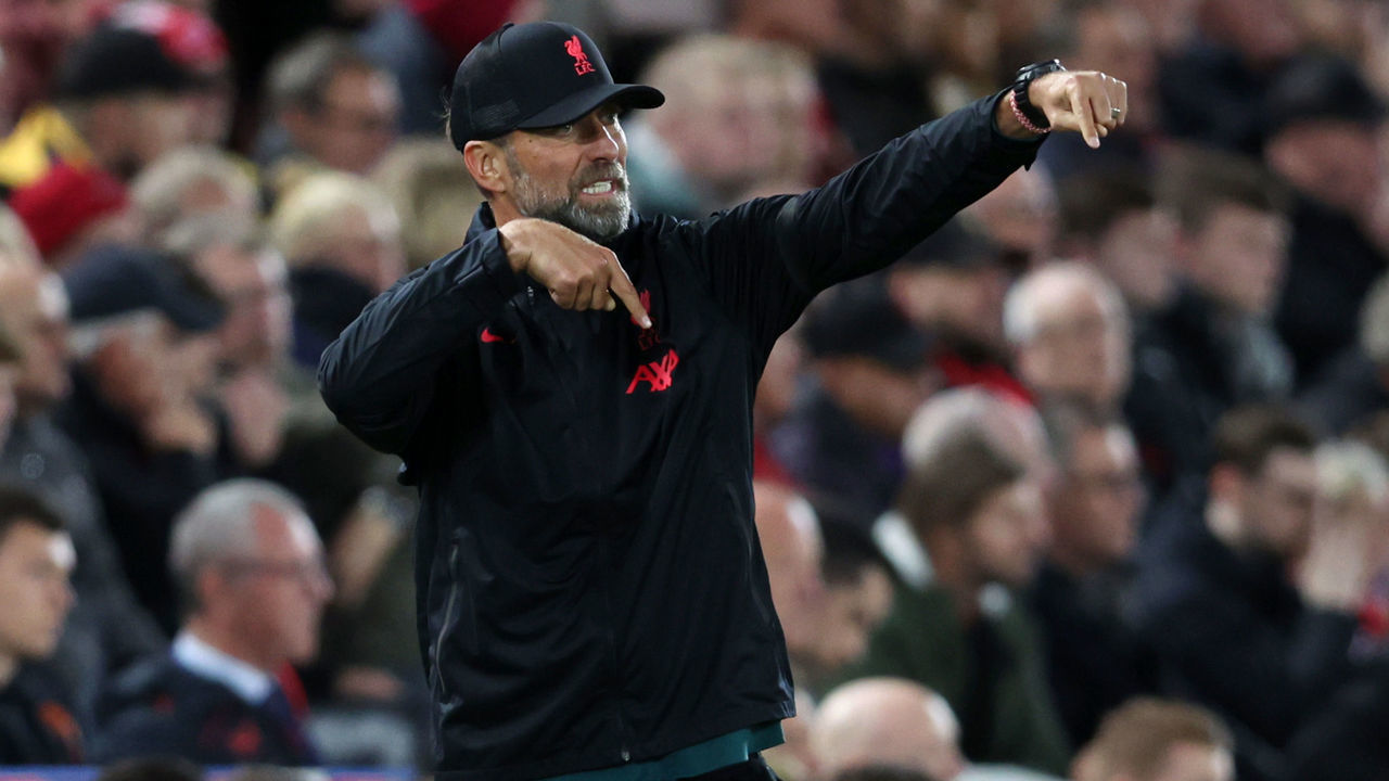 LIVERPOOL, ENGLAND - OCTOBER 04: Juergen Klopp, Manager of Liverpool gestures during the UEFA Champions League group A match between Liverpool FC and Rangers FC at Anfield on October 04, 2022 in Liverpool, England.