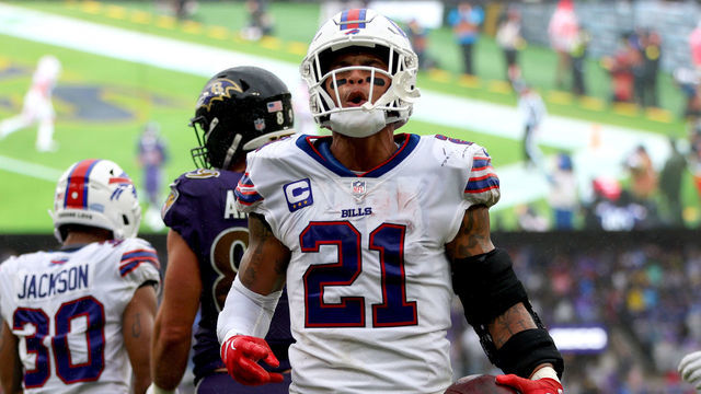 BALTIMORE, MARYLAND - OCTOBER 02: Jordan Poyer #21 of the Buffalo Bills celebrates after making an interception in the fourth quarter against the Baltimore Ravens at M&T Bank Stadium on October 02, 2022 in Baltimore, Maryland.