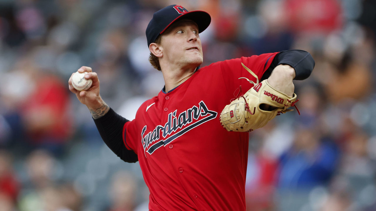 CLEVELAND, OH - OCTOBER 01: Zach Plesac #34 of the Cleveland Guardians pitches against the Kansas City Royals during the first inning at Progressive Field on October 01, 2022 in Cleveland, Ohio.