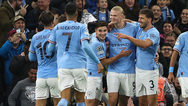 MANCHESTER, ENGLAND - OCTOBER 05: Erling Haaland of Manchester City celebrates after scoring a goal to make it 2-0 during the UEFA Champions League group G match between Manchester City and FC Copenhagen at Etihad Stadium on October 5, 2022 in Manchester, United Kingdom.