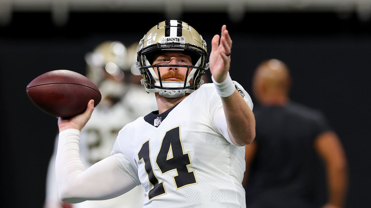 ATLANTA, GEORGIA - SEPTEMBER 11: Andy Dalton #14 of the New Orleans Saints throws the ball during warm-ups in the game against the Atlanta Falcons at Mercedes-Benz Stadium on September 11, 2022 in Atlanta, Georgia.