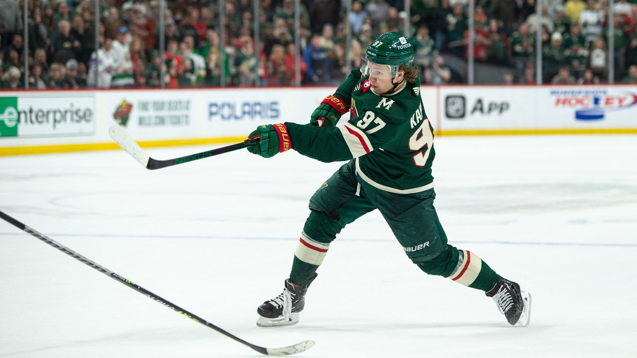 SAINT PAUL, MN - APRIL 28: Minnesota Wild Left Wing Kirill Kaprizov (97) shoots the puck during the NHL game between the Calgary Flames and the Minnesota Wild on April 28th, 2022, at Target Field in Saint Paul, MN.