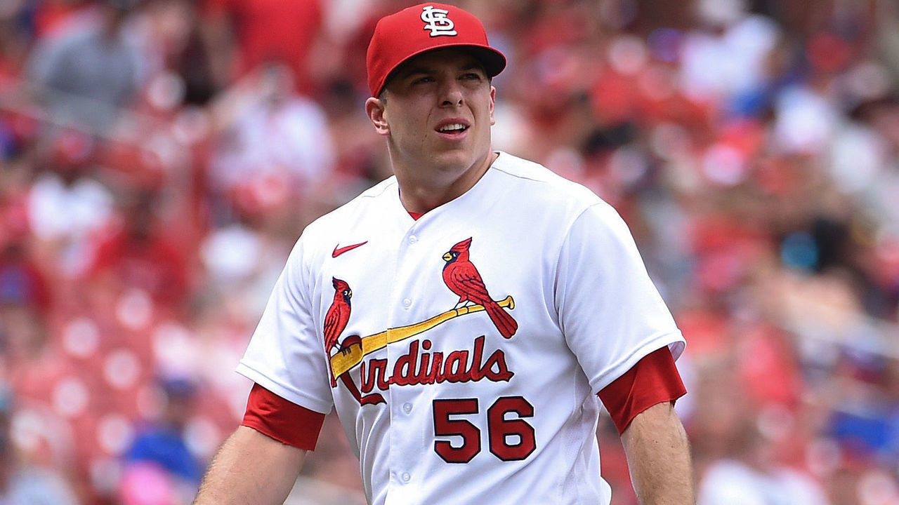 ST LOUIS, MO - AUGUST 04: Ryan Helsley #56 of the St. Louis Cardinals looks on during a game against the Chicago Cubs in game one of a double header at Busch Stadium on August 4, 2022 in St Louis, Missouri.