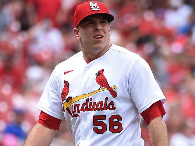 ST LOUIS, MO - AUGUST 04: Ryan Helsley #56 of the St. Louis Cardinals looks on during a game against the Chicago Cubs in game one of a double header at Busch Stadium on August 4, 2022 in St Louis, Missouri.